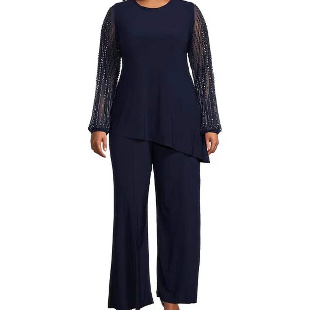 Marina Navy Sz 22W Beaded Long Sleeve Crew Neck 2-Piece Pant Set